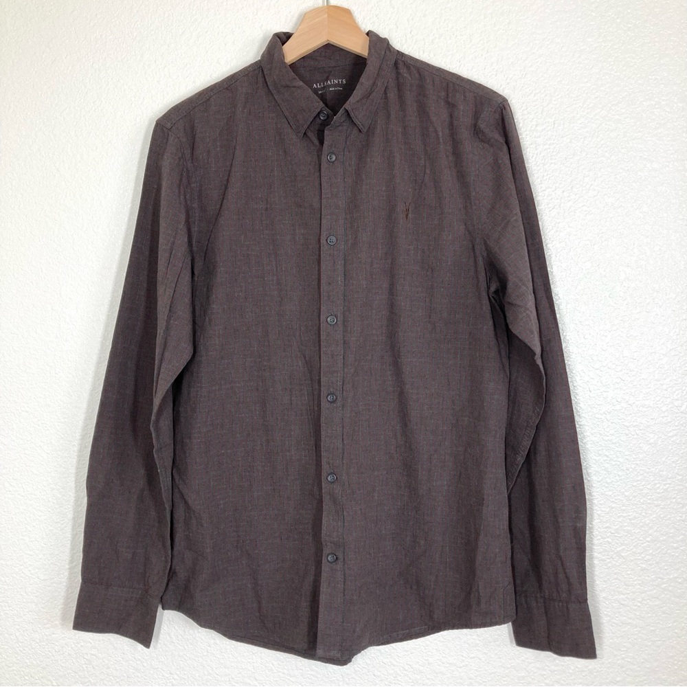 All Saints Plaid Shirt Mens Small Button Up Brown Gray Slim Fit Long Sleeves